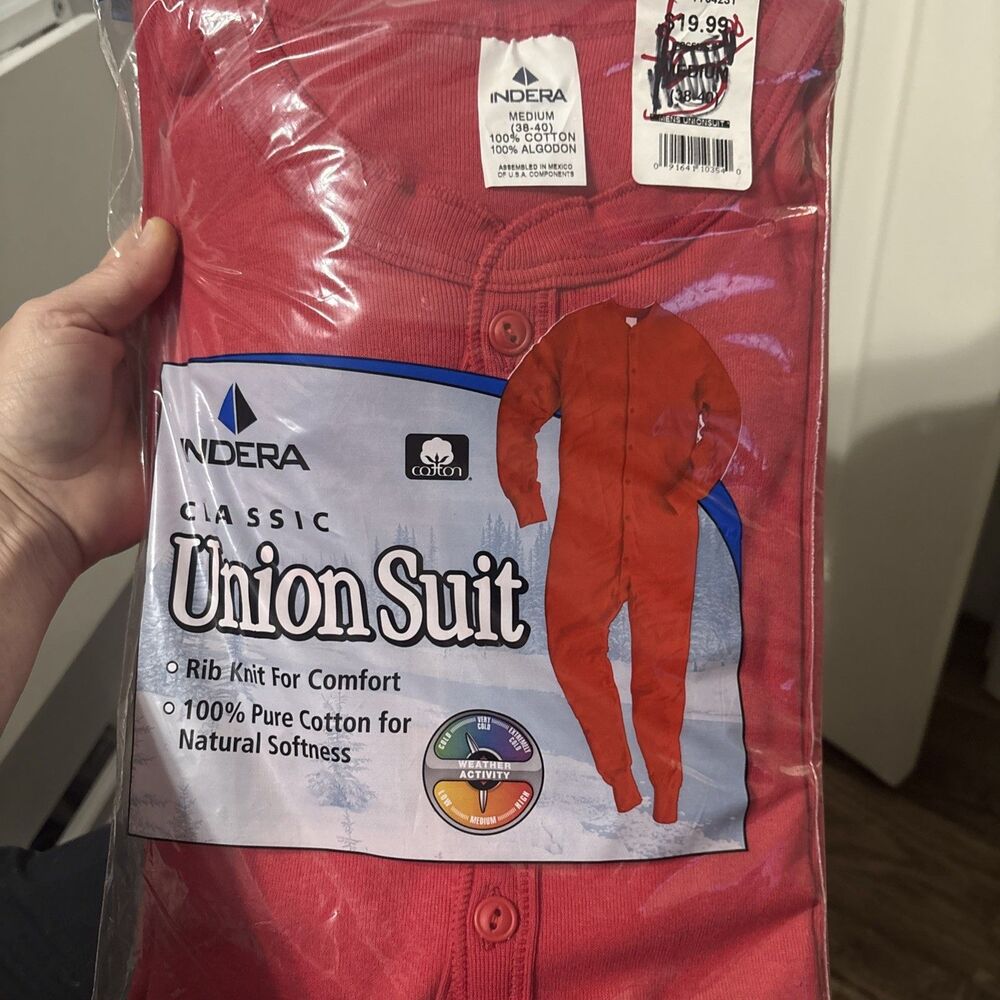 Indera Classic Union Suit Rib Knit Cotton Vintage Red, Size Medium 38-40